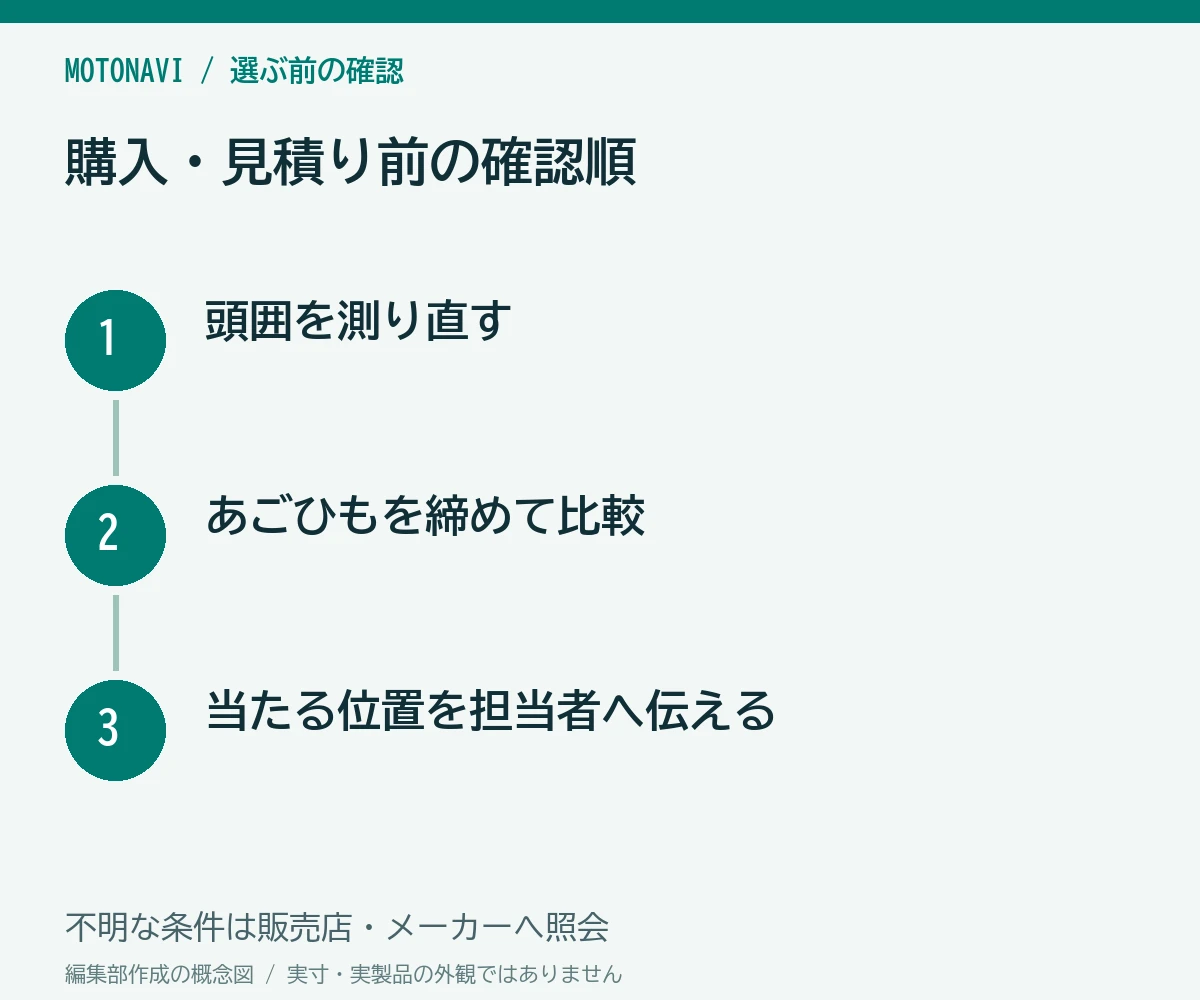 確認手順:頭囲を測り直す、あごひもを締めて比較、当たる位置を担当者へ伝える