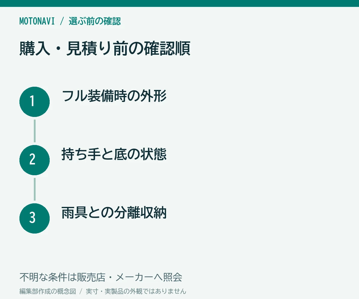 確認手順:フル装備時の外形、持ち手と底の状態、雨具との分離収納