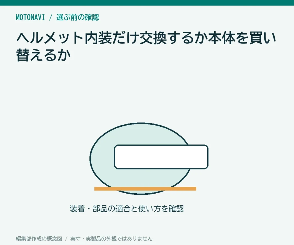 ヘルメット内装だけ交換するか本体を買い替えるかの判断ポイントを示す編集部作成の説明図