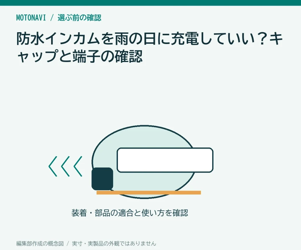 防水インカムを雨の日に充電していい?キャップと端子の確認の判断ポイントを示す編集部作成の説明図