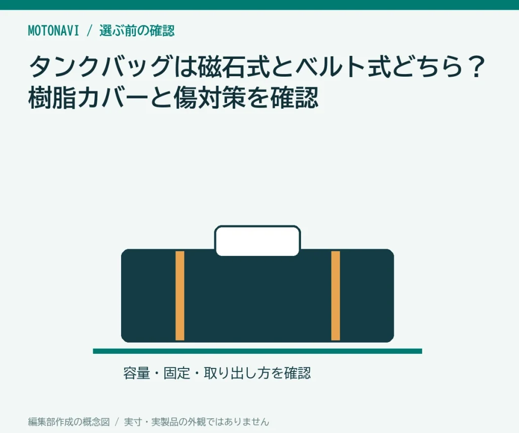 タンクバッグは磁石式とベルト式どちら?樹脂カバーと傷対策を確認の判断ポイントを示す編集部作成の説明図