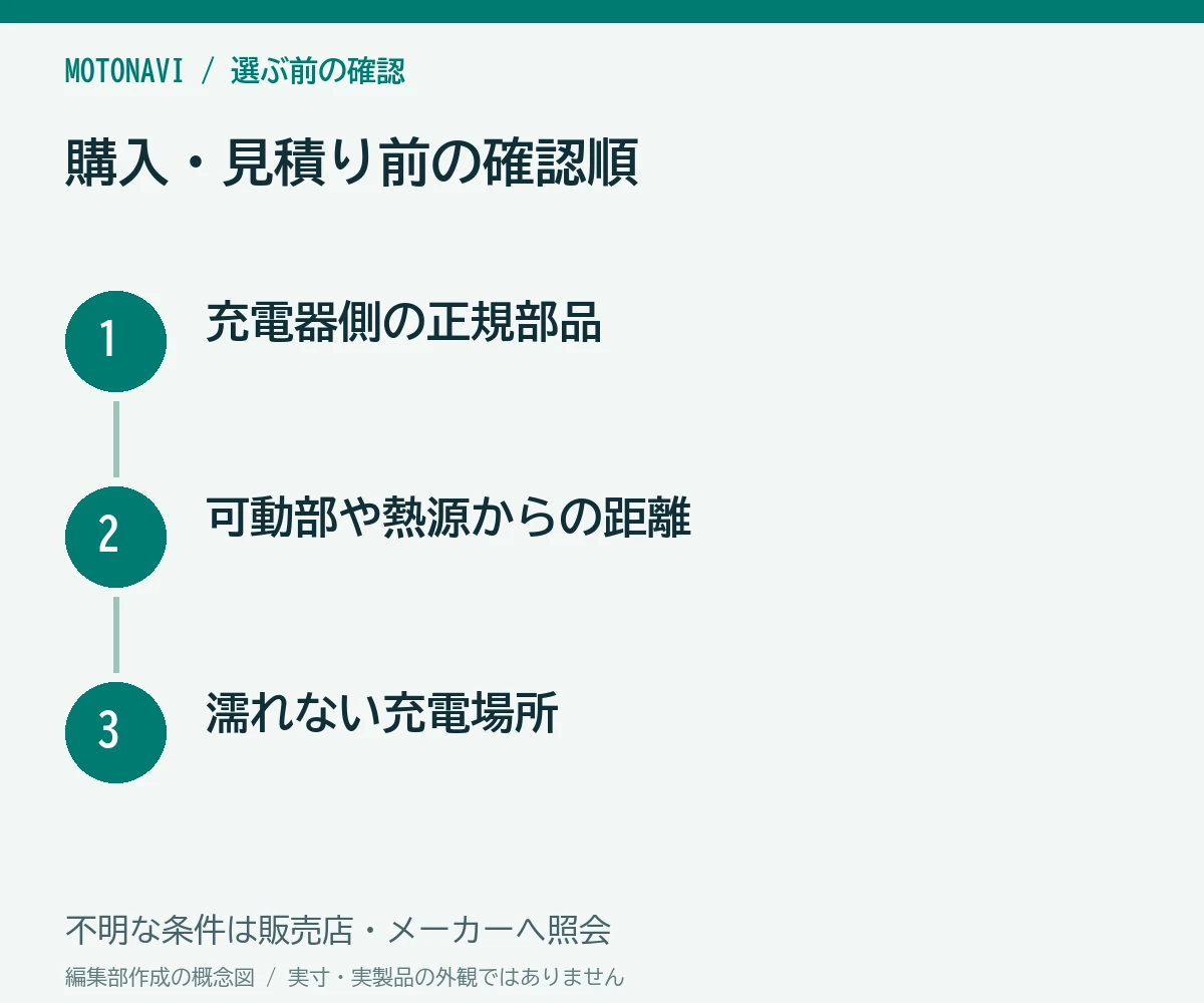 確認手順:充電器側の正規部品、可動部や熱源からの距離、濡れない充電場所