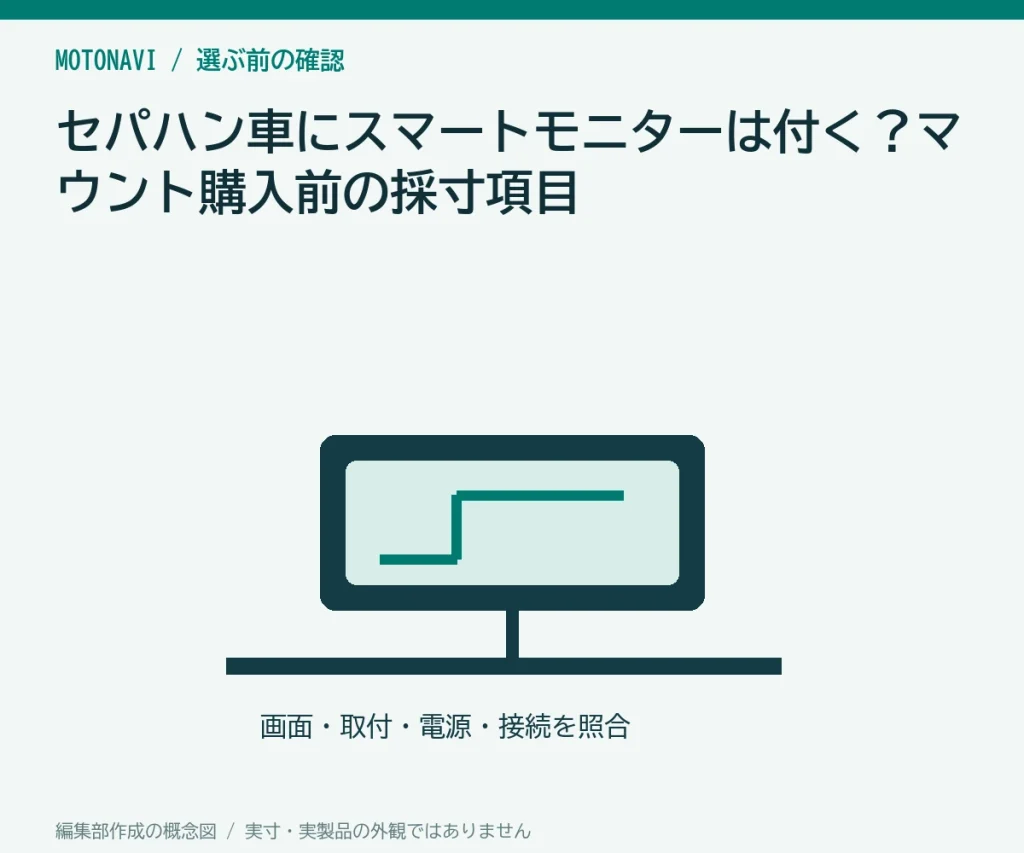 セパハン車にスマートモニターは付く？マウント購入前の採寸項目の判断ポイントを示す編集部作成の説明図