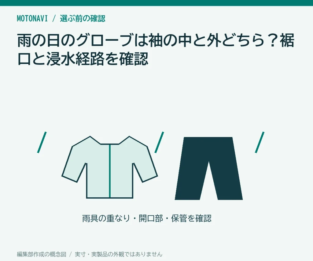 雨の日のグローブは袖の中と外どちら？裾口と浸水経路を確認の判断ポイントを示す編集部作成の説明図