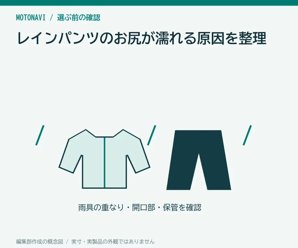 レインパンツのお尻が濡れる原因を整理の判断ポイントを示す編集部作成の説明図
