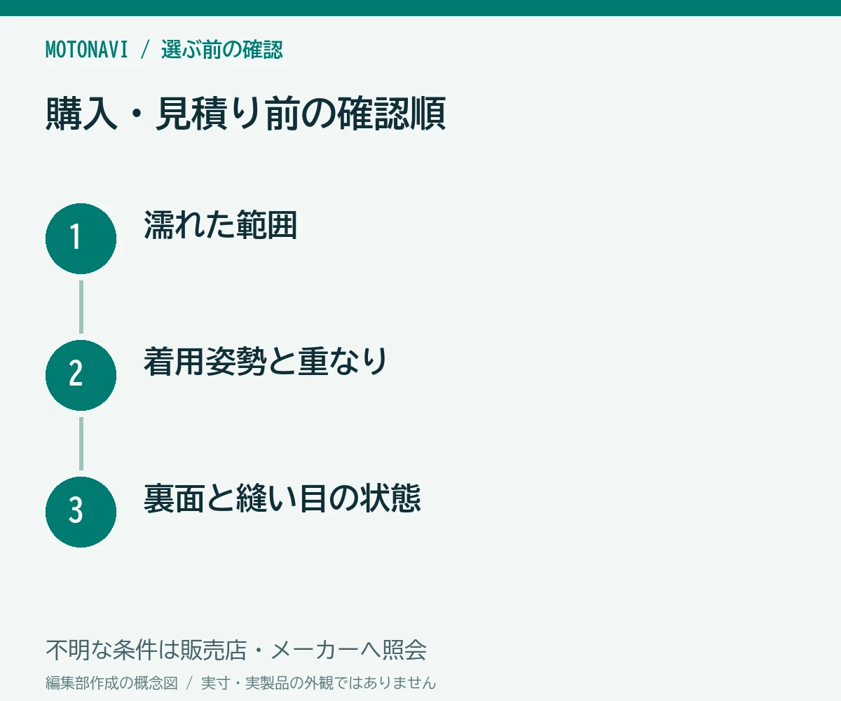 確認手順：濡れた範囲、着用姿勢と重なり、裏面と縫い目の状態
