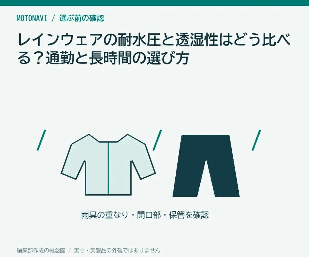 レインウェアの耐水圧と透湿性はどう比べる？通勤と長時間の選び方の判断ポイントを示す編集部作成の説明図