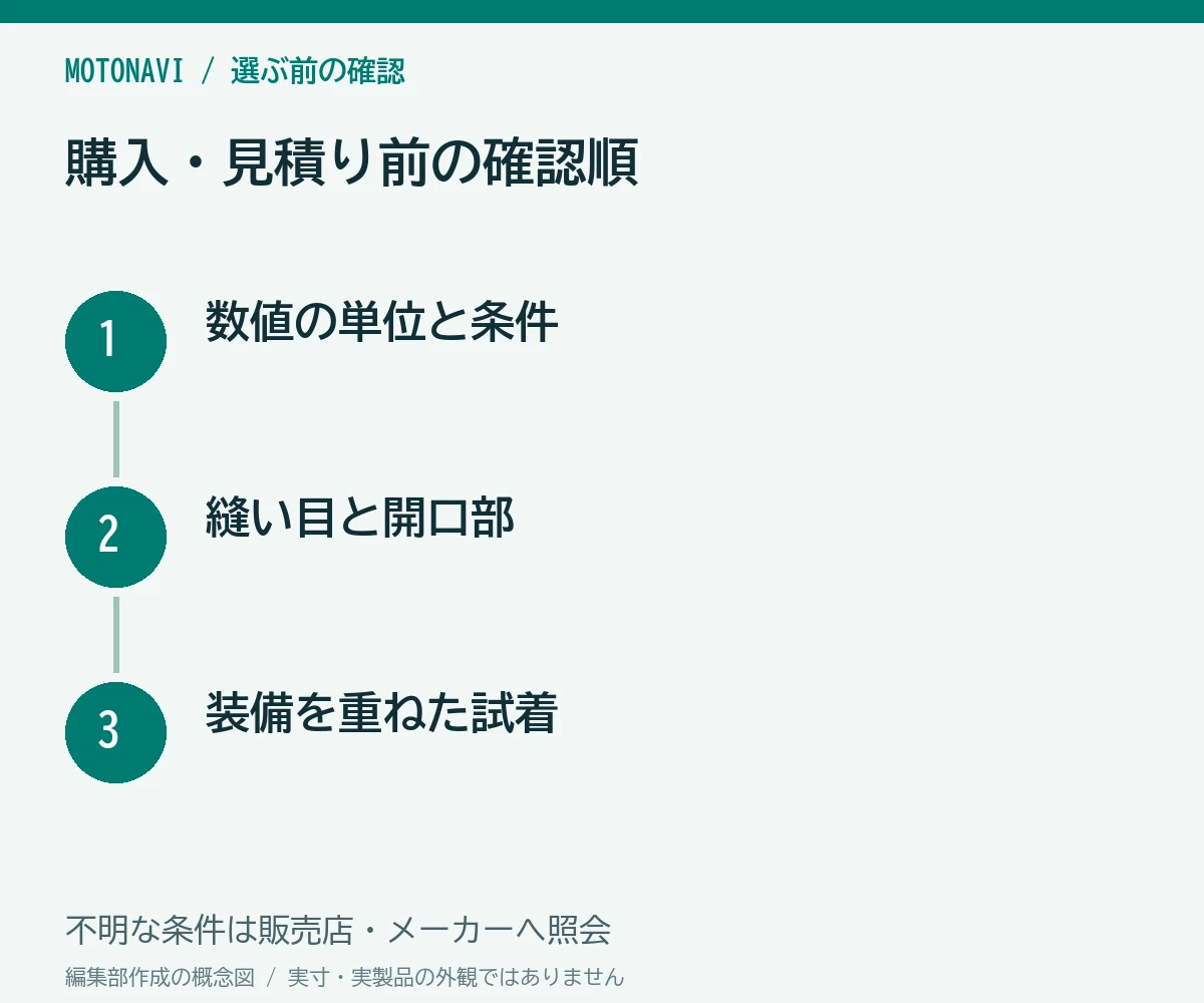 確認手順:数値の単位と条件、縫い目と開口部、装備を重ねた試着