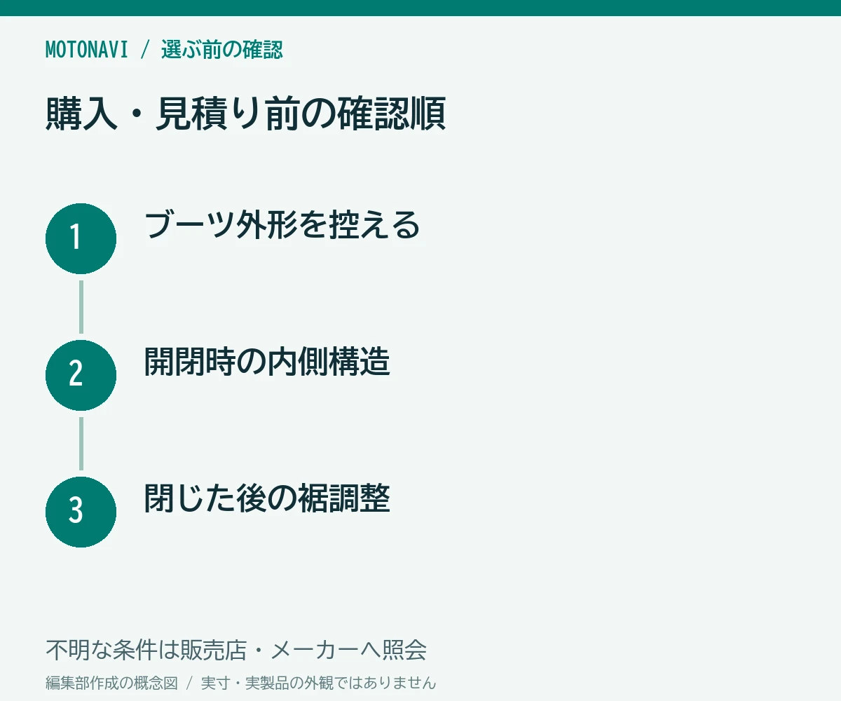 確認手順：ブーツ外形を控える、開閉時の内側構造、閉じた後の裾調整