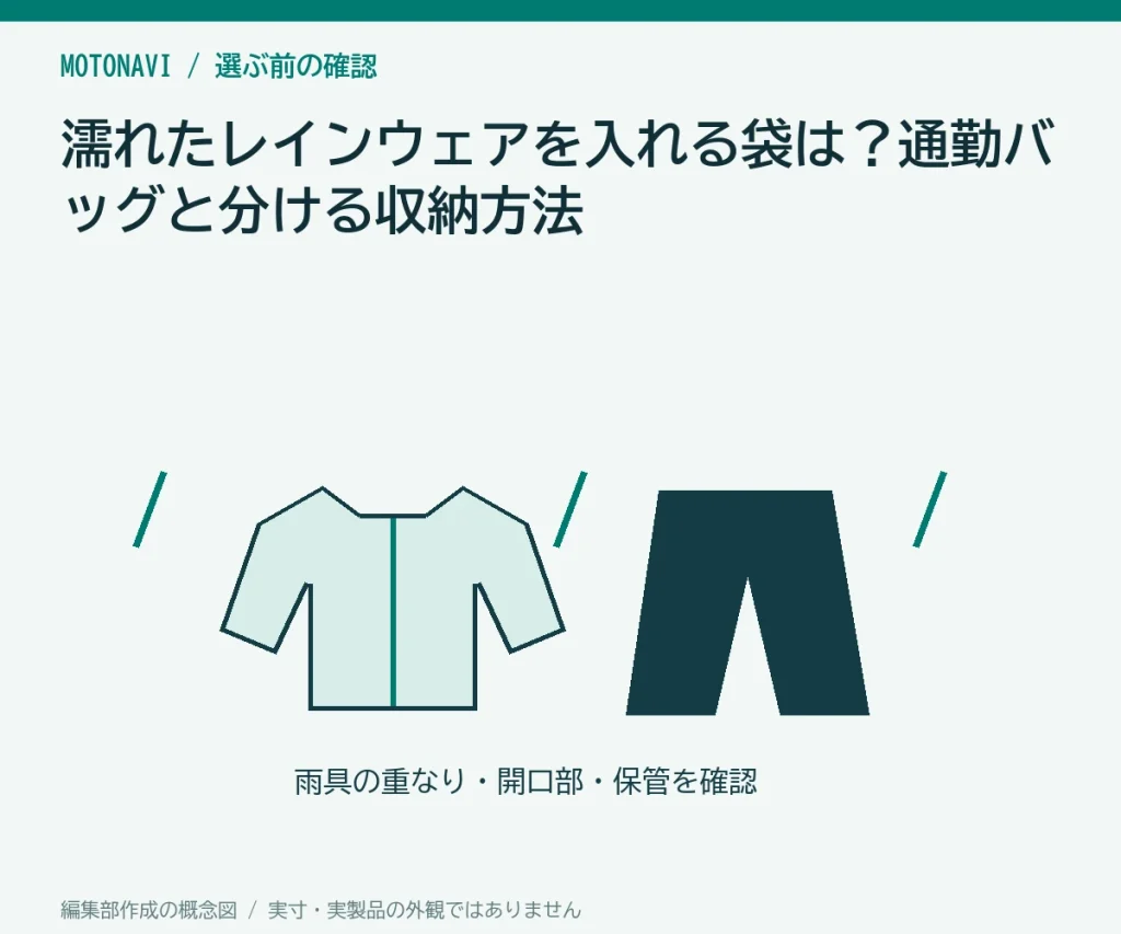 濡れたレインウェアを入れる袋は？通勤バッグと分ける収納方法の判断ポイントを示す編集部作成の説明図