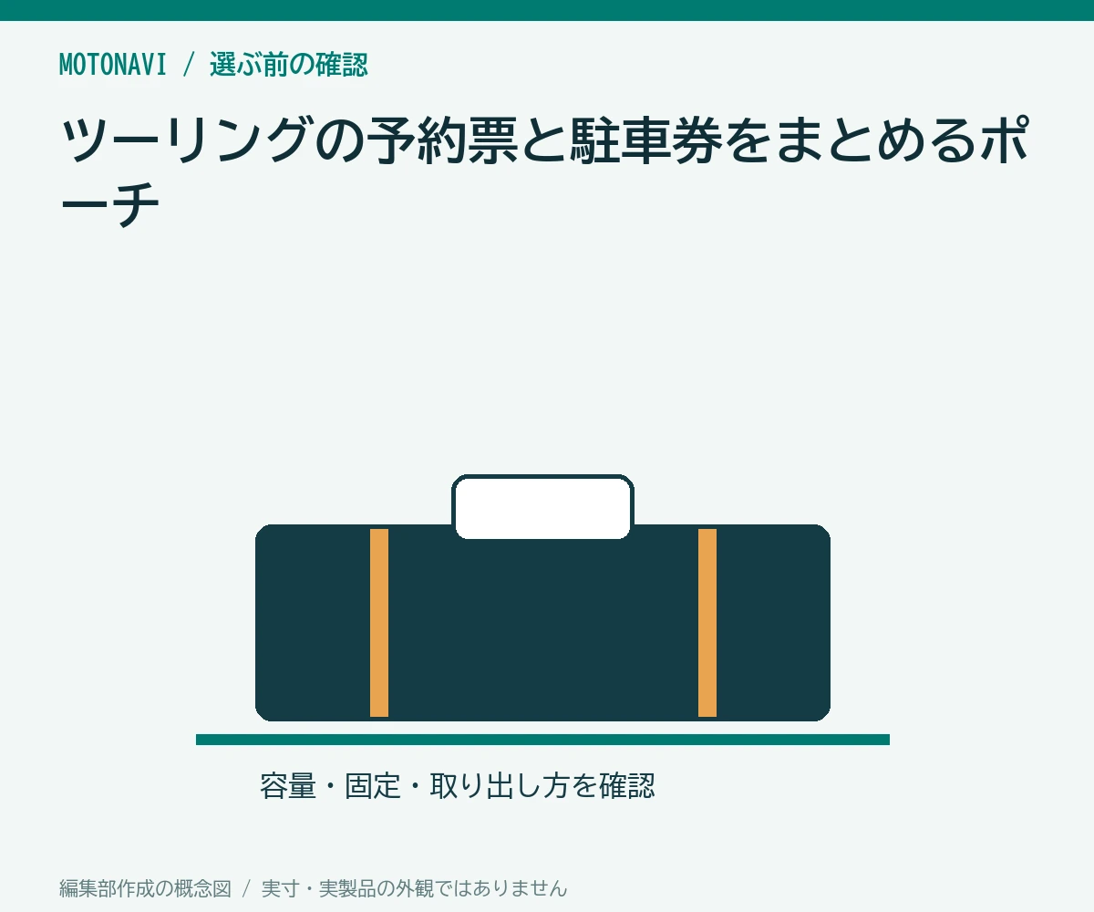 ツーリングの予約票と駐車券をまとめるポーチの判断ポイントを示す編集部作成の説明図