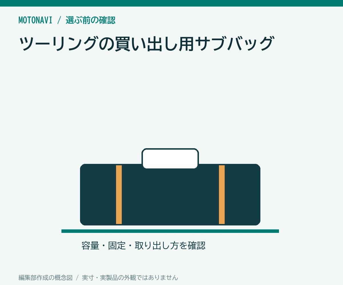 ツーリングの買い出し用サブバッグの判断ポイントを示す編集部作成の説明図