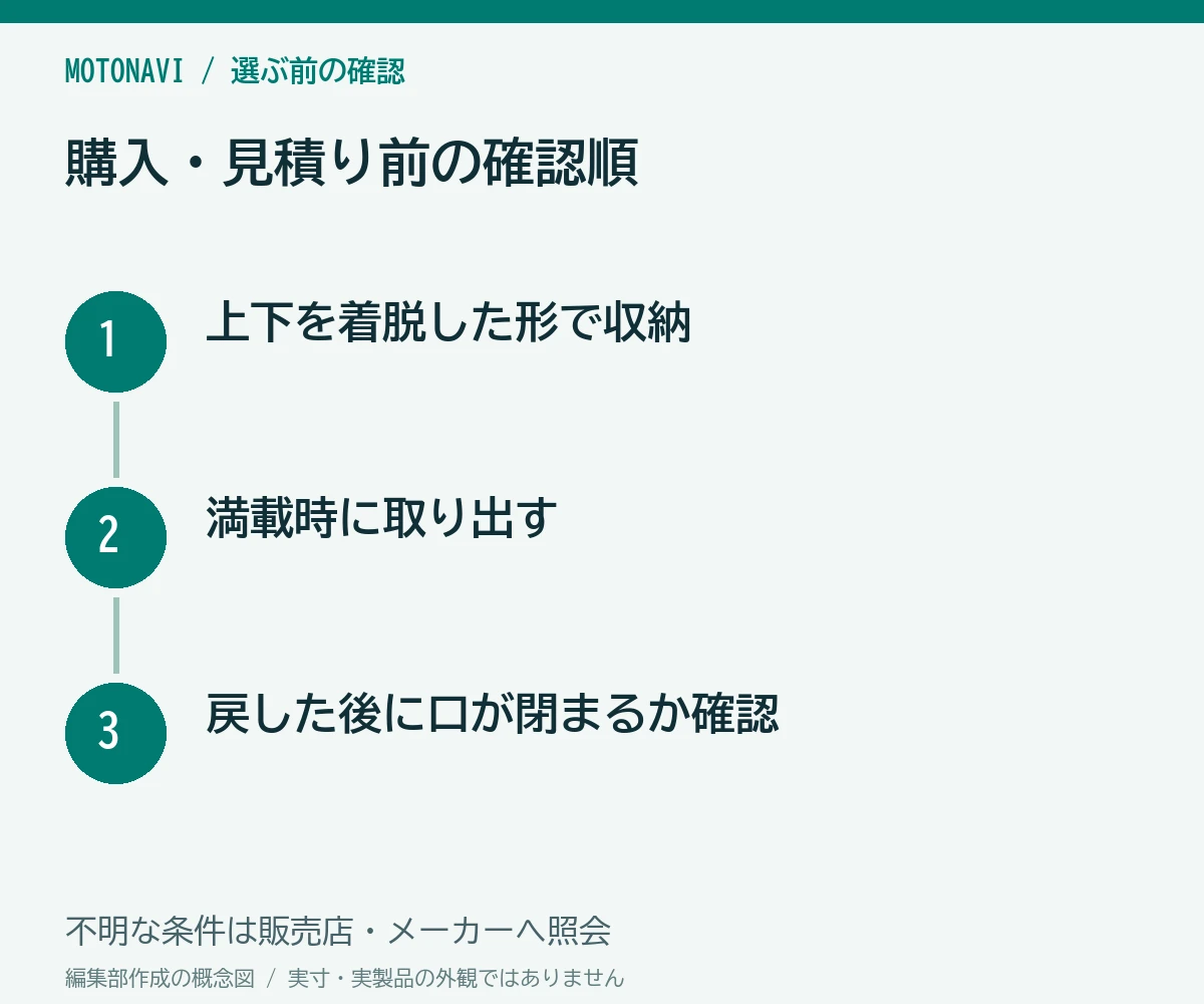 確認手順:上下を着脱した形で収納、満載時に取り出す、戻した後に口が閉まるか確認
